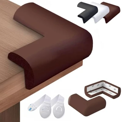 Imagen de HAPPY CHLEA® 20 x Protector Esquinas Bebe de Goma con Tecnología Espuma Activa, Protectores para Niños y 2 Cierre Seguridad Cajónes Bebe, Esquineras Cama, Mesa, Muebles, (Marrón)
