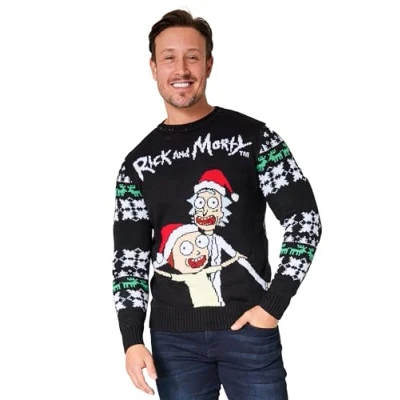 Imagen de Rick y Morty Jersey Navideño Hombre Suéter Oficial Navideños, Tallas M 2XL Regalos Sudadera Hombre(Negro, M)
