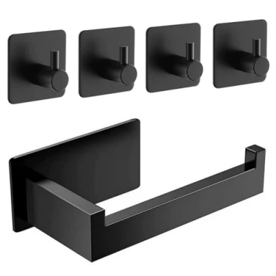Imagen de Portarrollos de papel higiénico sin necesidad taladrar, autoadhesivo, acero inoxidable, con 4 ganchos para toallas, baño y cocina (negro)
