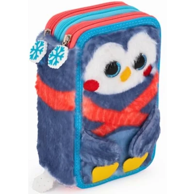 Imagen de Julian Ross Estuche triple relleno para niños, 45 accesorios escolares primarios, 3 cremalleras, compartimentos organizados, ceras, rotuladores, pegamento, tijeras, Pingüino Fluffy, Portalápices