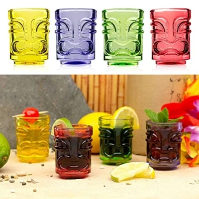 Imagen de CKB LTD vasos de chupito barra Tiki colores, 45 ml, paquete 4 tiradores, novedosos pequeños para beber, ideales fiestas hawaianas, vidrio colores ml