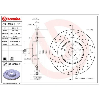 Imagen de BREMBO 09.C828.11 Disco de freno 340 30 5 perforado/ventil. int. revestido altamente carbonizado