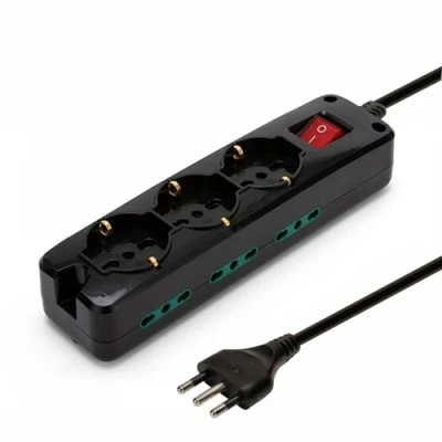 Imagen de Regleta de 9 plazas: 3 tomas Schuko + 6 bivalentes 10/16 A. Cable 1,5 m e interruptor