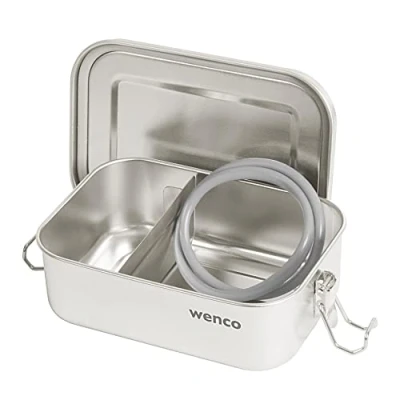 Imagen de Wenco fiambrera de acero inoxidable prémium con 2 compartimentos, 650 ml, impermeable, apta para lavavajillas, incluye anillo silicona repuesto, 16 x 11,3 5 cm, color plateado