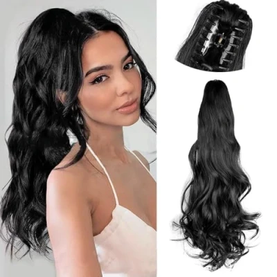 Imagen de RPAEOY Coleta Postiza Rizada Pelo con Pinza de Garra 22 Pulgadas Largas Cola Caballo Extensiones Ondulado Ponytail Sintético Extension Clip in Postizos para Mujeres (Negro)
