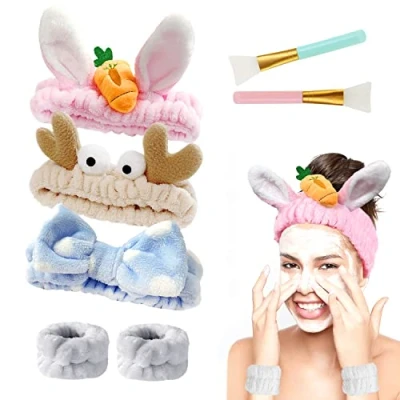 Imagen de 3 piezas de diadema peluche con 1 par pulseras y 2 cepillos para mascarillas silicona, banda elástica suave el pelo, forro polar coral, maquillaje