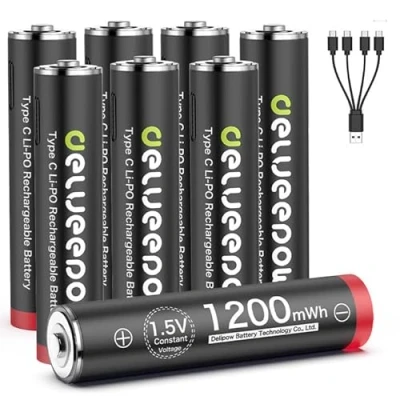 Imagen de Delyeepow Pilas Recargables USB C AAA de Litio, 1,5 V, 1200 mWh, USB, con Cable Carga 2 en 1, 1 Hora rápida, 1500 ciclos, 8 Unidades