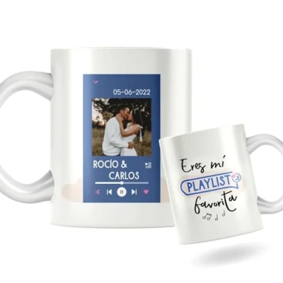 Imagen de Taza de cerámica personalizada con foto, nombre y fecha. para San Valentín frase. Regalo original personalizado Valentín. Canción playlist
