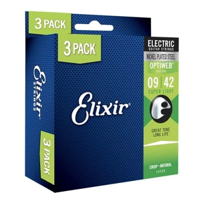 Imagen de Elixir cuerdas 16550 acero chapado en níquel para guitarra eléctrica con revestimiento de optiweb, 3 Pack, Super Light (9 52)