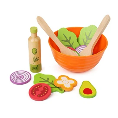 Imagen de Small Foot 11476 Juego de ensaladas Madera, Accesorios Cocina para niños Vegetarianos, Incl. Cuenco, ensaladeras y aderezos Juguetes, Multicolor (11476)