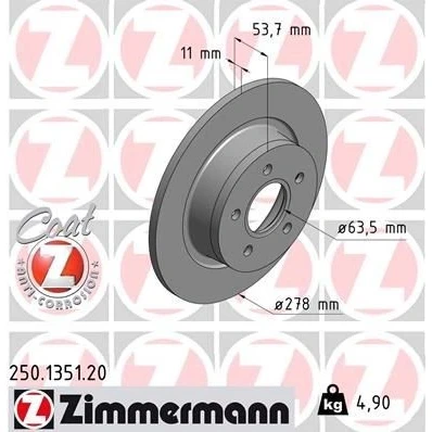 Imagen de ZIMMERMANN COAT Z 250.1351.20 Disco de freno 278 11 5/5 5 108 macizo revestido FORD: Tourneo Connect, Transit Connect Mk1 Furgón