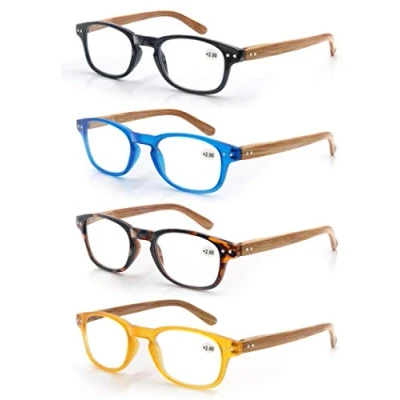 Imagen de MODFANS Un pack de 4 gafas lectura 1.25 para Hombres/Mujeres Lente Clara,Vision Clara,Efecto Madera Moda,Practicas,Ligeras,Comodas,Colores Negro Azul Marron Amarillo
