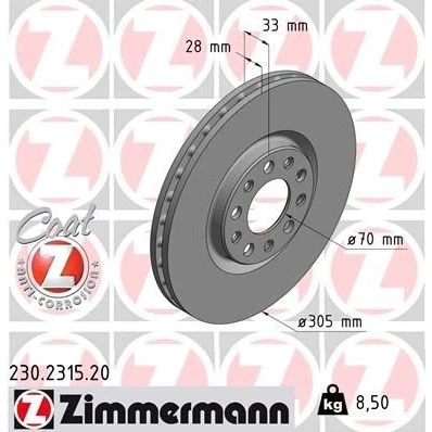 Imagen de ZIMMERMANN COAT Z 230.2315.20 Disco de freno 305 28 10/5 5 110 ventilación interna revestido FIAT: 500X, JEEP: Compass
