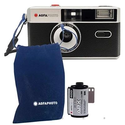 Imagen de AgfaPhoto Cámara analógica de 35 mm para Fotos pequeñas, Color Negro, con película en Blanco y Negro hasta 36 imágenes, batería, Correa Transporte Funda.