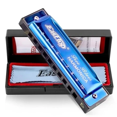 Imagen de East Top Blues Armónica diatónica Clave de Bb 10 hoyos y 20 tonos para adultos, principiantes, jugadores profesionales estudiantes （Azul （