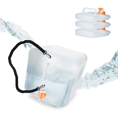 Imagen de Relaxdays Faltbarer Wasserkanister 4er Set 20 l Pack 4 Bidones Plegables, Garrafas Agua Grifo y Correa, Depósitos Líquidos sin BPA, Transparente/Naranja