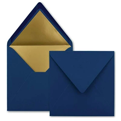 Imagen de 10 sobres cuadrados de 15,5 x cm, azul oscuro, forrados con papel dorado, adhesivo húmedo, FarbenFroh by GUSTAV NEUSER