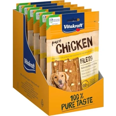 Imagen de Vitakraft Pollo Puro, filetes de con Queso, golosinas para Perros, sin Cereales, Embalaje reciclable, azúcar añadido (9 x 80 g)