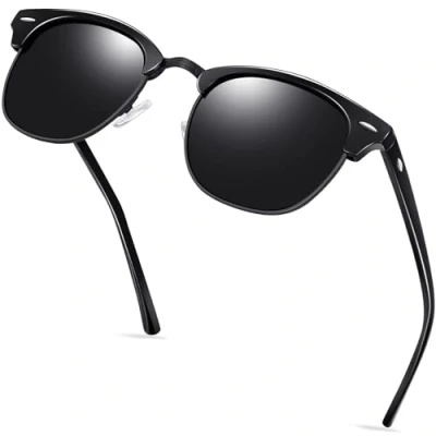 Imagen de KANASTAL Gafas de Sol Brillantes Negras Oscuras Hombre Polarizadas Mujer Medio Marco Cuadradas Clásico Retro Vintage Protección UV400 Negro