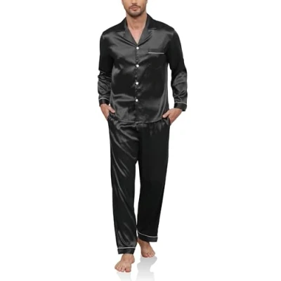 Imagen de Reliwel Pijama de Satén para Hombre Manga Larga con Botones y Pantalones Largos Otoño Invierno Ropa Descanso Conjuntos 2 Piezas S XXL