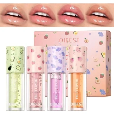 Imagen de juego de 4 brillos labios Jelly, aceite hidratante, bálsamo labial con sabor a fruta, cuidado labios, para mujeres y niñas