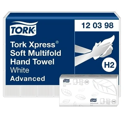 Imagen de Tork Express Toalla de Mano Entreplegada Suave Blanco H2, Advanced, Toallas papel plegadas para dispensador, Absorbente, Suave, 2 capas, 21 x 180 servicios, 120398