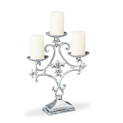 Imagen de Relaxdays Candelabro Antiguo 3 Brazos, Soporte Porta Velas Vintage, Hierro Fundido, 28,5 x 23 7,5 cm, Plateado