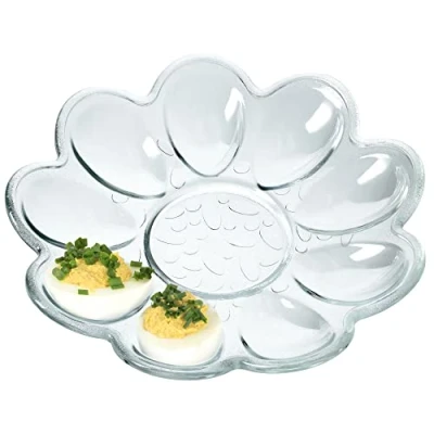 Imagen de KADAX práctico Plato para 9 huevos de cristal, 21,5 cm diámetro, hueveras, bandeja con forma flor, transparente