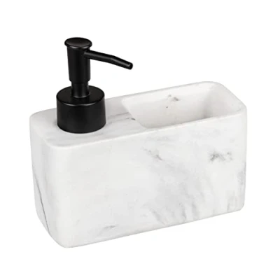 Imagen de Wenko Dispensador de lavavajillas Resa Marmor, dosificador Cocina, Aspecto mármol y Compartimento para estropajos, Incluye Estropajo, Recargable, Aprox. 150 ml, 14,5 x 14,3 6 cm, Blanco/Negro