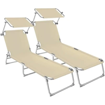 Imagen de tectake® Set de 2 Tumbonas Jardín Exterior, Toldo y Respaldo Regulables, Tumbona Plegable Resistente a Intemperie, Playa con Parasol, Piscina Carga Máx 110 kg, Fácil Transporte beige
