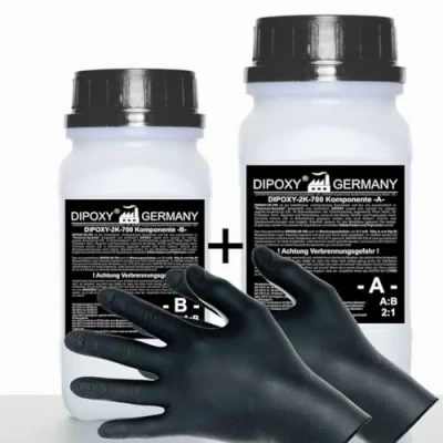 Imagen de 6 kg de resina epoxi 2 K + endurecedor guantes EP laminada en calidad profesional transparente y inodora riego UV varilla. DIPOXY 2K 700 Moldes para acuario o mesa madera