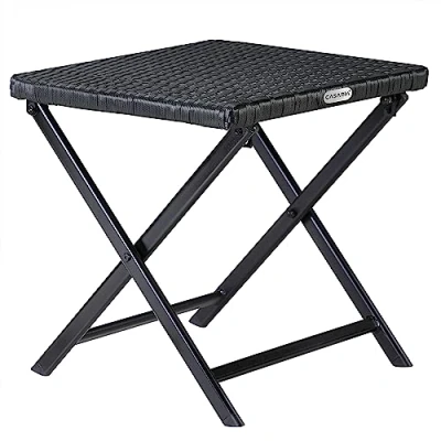 Imagen de CASARIA® Taburete 3en1 Poliratán Acero 44x40x44cm Carga 110Kg Plegable Mesita Reposapies Intemperie
