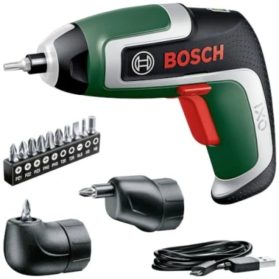 Imagen de Bosch Home and Garden Atornillador a batería compacto IXO, 7.ª generación; 3.6 V; 2.0 Ah; 5.5 Nm; set incluye accesorios de atornillado en ángulo y excéntricos; con cable micro USB