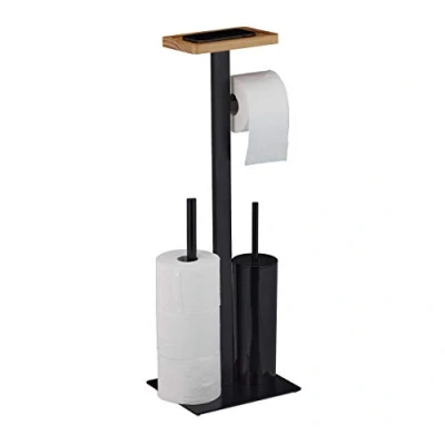 Imagen de Relaxdays Escobillero Portarrollos Pie con Balda, Diseño Moderno, Almacenaje Papel Baño, Portaescobilla, 73x25x20, Negro, Madera, 1 Unidad