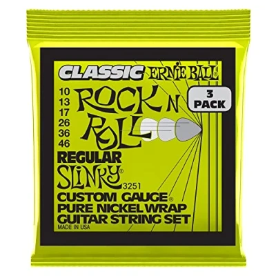 Imagen de Ernie Ball Regular Slinky Classic Rock n Roll Cuerdas para guitarra eléctrica, envoltura de níquel puro, 3 paquetes, calibre 10 46
