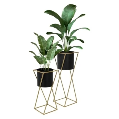 Imagen de ML Design 2 Soportes para Plantas de Metal Negro Dorado Macetero Pedestal 21x21x51/24x24x70,5 cm Jardinera Interior o Exterior Industrial Decorativo Construcción Robusta y Estable Flores