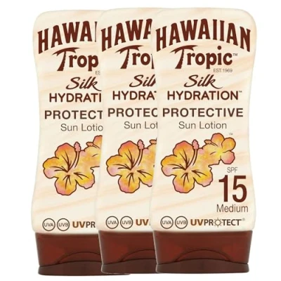Imagen de Hawaiian Tropic Silk Hydration Protective Pack de 3 Lociones Solares Protectora con cintas seda hidratantes y resistente al agua, Protección Alta, SPF 15, 180 ml