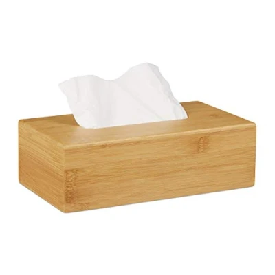 Imagen de Relaxdays Set 2 Cajas de Bambú para Pañuelos, Dispensador Toallitas Desmaquillantes, Madera Veteada, 8,5x27,5x15,5 cm, Natural