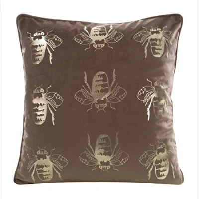 Imagen de Eurofirany Elegantes Fundas de cojín Terciopelo con Estampado, 45 x cm, Funda Terciopelo, Suave para sofá, Abejas Doradas, Beige Oscuro