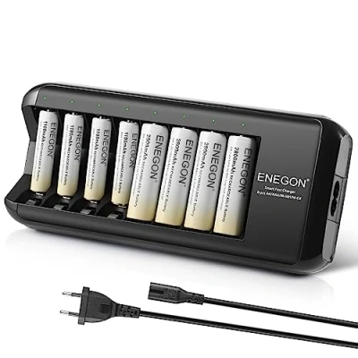 Imagen de ENEGON Cargador de Pilas(8 Ranuras) con 4 Pilas Recargables AA 1100mAh y AAA 2800mAh, AAA, rápido para AA/AAA NI Mh.