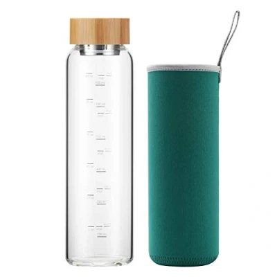 Imagen de Botella de Agua Cristal 1 Litro Reutilizable con Funda Neopreno y Tapa Bambú sin Bpa (Verde)