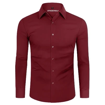 Imagen de DEMEANOR Camisa para hombre, elástica, manga larga, informal, corte ajustado, camisas de negocios, no necesita planchado, rojo, M