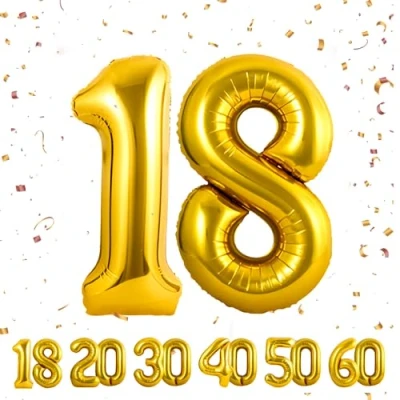 Imagen de Globos de 18 cumpleaños,Dorado pulgadas Globo número, decoraciones número cumpleaños para hombre y mujer, inflable lámina Dorado