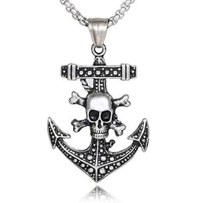 Imagen de DonDon Collar de Cuero 52 cm con Colgante Piratas Ancla Acero Inoxidable para Hombres en Bolsa Terciopelo