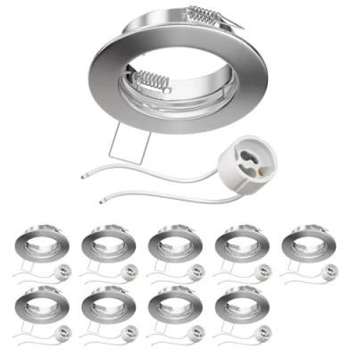 Imagen de ledscom.de 10 piezas marco para empotrar en el techo FERE cromo mate (LED/Halógeno/GU10/MR16/PAR16/50mm) incl. casquillo GU10