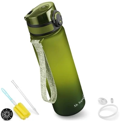 Imagen de My Vesperbox Minny Botella para niños a prueba de fugas, 350, 500, 750 ml, con pajita o colador, sin bisfenol A, guardería, escuela (750 verde, verde claro, negro)