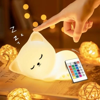 Imagen de Luz Nocturna Infantil, Mando+16 Colores RGB Roja Melatonina, USB Recargable+Portátil+Sin Cables Infantil Bebe, Lampara Gatos Regalo