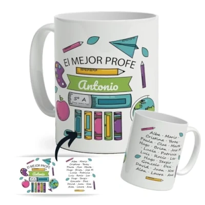Imagen de DEREGALOOS Taza personalizada con nombre para Profesores. Tazas de Desayuno Regalo Original Profes. Regalos Profes Navidad. fin curso.