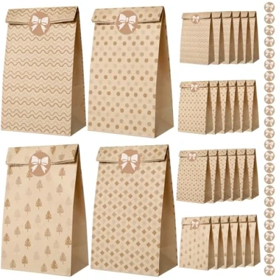 Imagen de AiQInu Bolsas de Papel Kraft para Regalo,Bolsa Regalo Marrones 24 piezas con Pegatinas Dulces Embalaje, Navidad, Fiestas, Halloween,Cumpleaños Infantil,Bodas