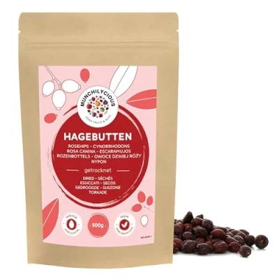 Imagen de escaramujo seco 500g de Munchilycious, escaramujos secos enteros y sin azúcar, ideales para preparar infusion escaramujo, te